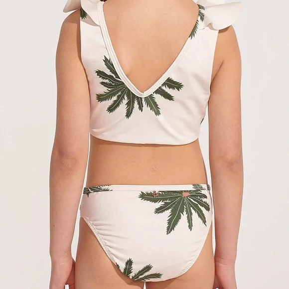 Ancora Swimwear toddler girl high pool palms mini bikini ruffle 2 cream green